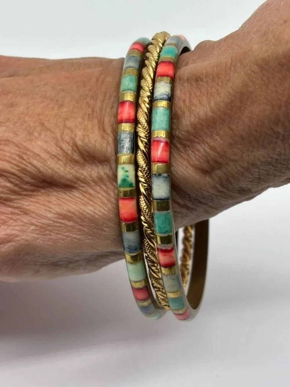Lot of Three Vintage Bangle Bracelets 2 Brass Multicolor Inlay 1 Gold Tone Metal